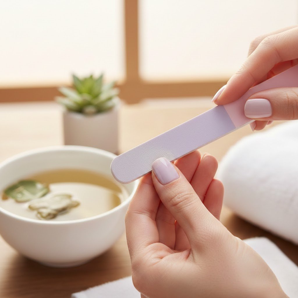 A professional demonstration of how to remove gel nail polish at home by filing the top coat to prevent nail damage.