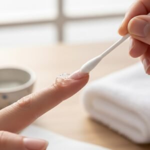 A macro shot showing a cotton swab applying petroleum jelly around the nail edges to protect skin from acetone.