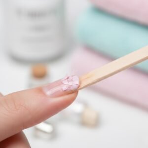 A close-up shot showing a wooden manicure stick gently lifting off cracked and softened gel polish from a healthy natural nail.