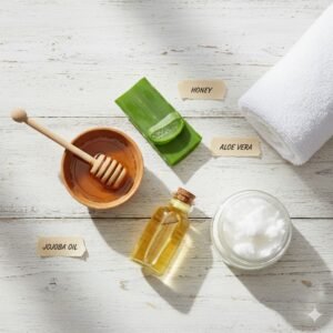 A top-down flat lay view of honey in a wooden bowl, fresh aloe vera, coconut oil, jojoba oil, and a white face towel on a wooden surface.