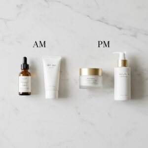 Minimalist flatlay of morning and night skincare products on a marble surface showing AM and PM bottles.
