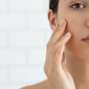 A close-up of a woman applying drops of vitamin C for skin on her cheekbones for a glowing complexion.