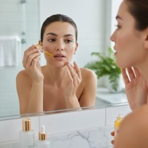 A beautiful American woman applying vitamin C serum to her face to fade dark spots on face.