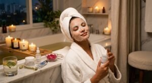 A woman enjoying her weekly skin care routine with a hydrating sheet mask and candles in a cozy home spa setting.