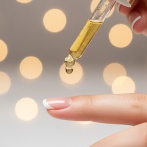 Macro shot of a glass dropper applying a golden drop of cuticle oil to a fingernail for nighttime nail care.