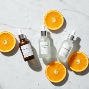 A flat lay of Vitamin C, Hyaluronic Acid, and Niacinamide serums for someone looking for how to get glowing skin.