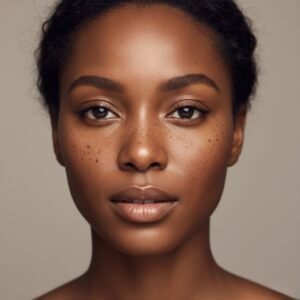 A close-up portrait of a beautiful Black American woman with natural spots on her cheeks.