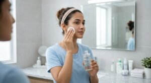 A woman using a cotton pad to apply a liquid chemical exfoliant to her face in a bright bathroom.