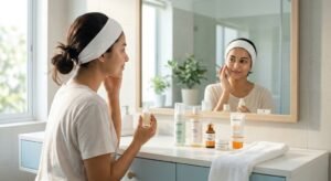 A woman in her late 20s performing her morning skin care routine in a bright bathroom with glowing skin.