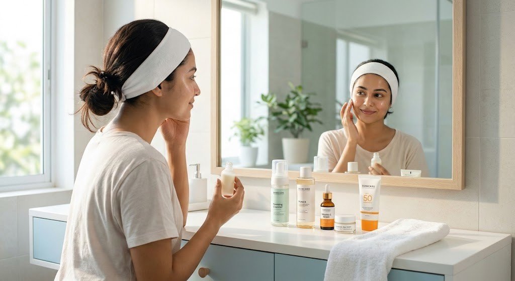 A woman in her late 20s performing her morning skin care routine in a bright bathroom with glowing skin.