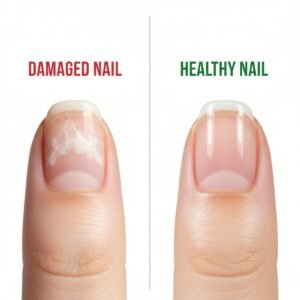Side-by-side comparison of a damaged nail versus a healthy nail, showing the results of learning how to take care of your nails at home.