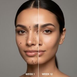 Before and after comparison of dark spots on face removal after 12 weeks of treatment.