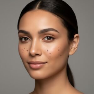A close-up of a beautiful American woman with dark spots on her face for a dermatologist-backed removal guide.
