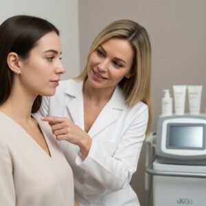 A professional female dermatologist examining a patient's skin in a modern clinic.