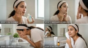 A step-by-step sequence showing a woman using an oil cleanser first, followed by a water-based cleanser for a deep face clean.