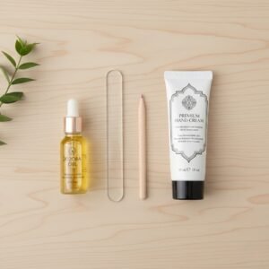 A flat lay of nail care essentials including jojoba oil and a glass file, perfect for learning how to take care of your nails at home.