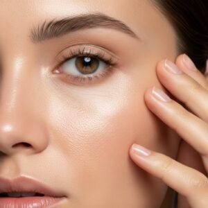 Extreme close-up of a woman's cheek and eye area showing smooth, hydrated, and healthy skin texture.