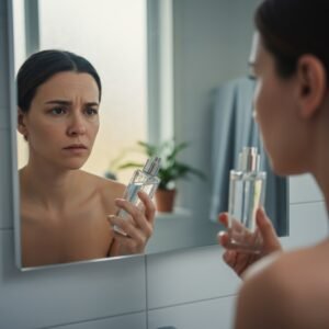 A woman with dull skin looking in the mirror and wondering how to get glowing skin after using expensive serums.