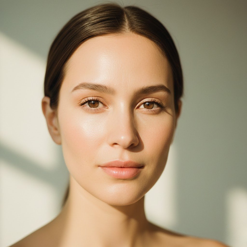 A woman with healthy radiant face demonstrating how to get glowing skin with a natural skincare routine.