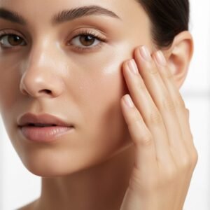 A close-up of a woman patting a watery essence into her face to improve skin hydration and plumpness.