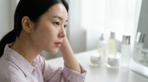 A woman with glowing glass skin showcasing the results of a 10-step Korean skincare routine.