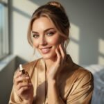 A beautiful, modern American woman in a silk robe smiling and showing her glowing, healthy facial skin while holding a gold serum bottle.