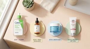 A flat lay of morning beauty products including a cleanser, Vitamin C serum, water gel moisturizer, and sunscreen arranged in order on a pastel surface.