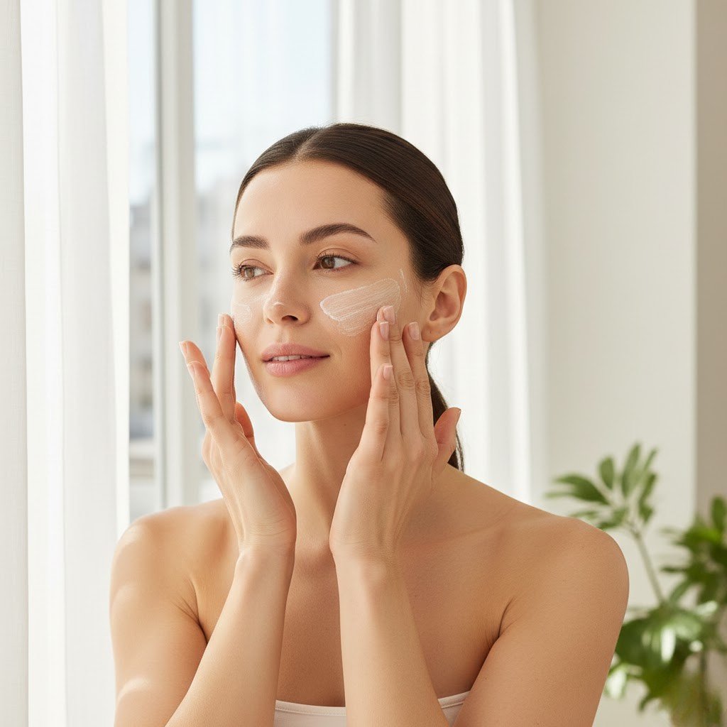 A woman applying sunscreen to her face in the morning near a sunlit window for UV protection.