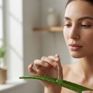 A woman applying fresh aloe vera gel from a leaf to the spots on her face.