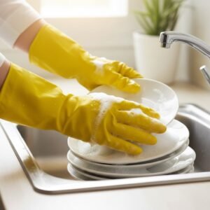 Wearing gloves to protect nails, an essential part of how to take care of your nails at home.