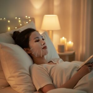A woman relaxing in bed at night while wearing a hydrating sheet mask for intensive skin repair.