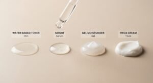 Macro shot comparing four essential products for a skin care routine: watery toner, lightweight serum, gel moisturizer, and rich thick cream on a neutral background.