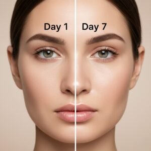 A side-by-side comparison of a woman's face showing dull skin on Day 1 and bright, radiant skin on Day 7.