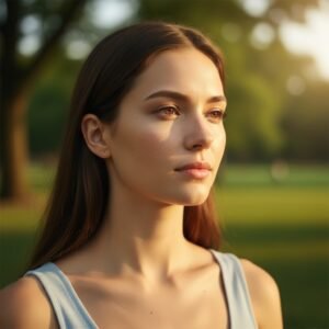 An American woman outdoors under sunlight showing how sun exposure triggers dark spots on the face.