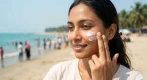Close-up of a woman applying sunscreen on her face using the two-finger rule for full UV protection.