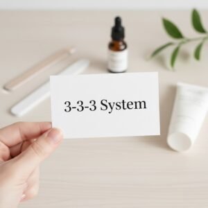 A hand holding a 3-3-3 System card for how to take care of your nails at home.