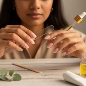 A beautiful woman with healthy, natural nails using a glass file and cuticle oil, representing professional home nail care.