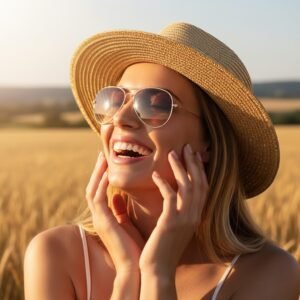 A glowing woman in a straw hat and sunglasses protected by vitamin C for skin under bright sunlight.