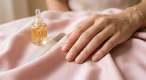 Best nail care tips featuring healthy natural nails, cuticle oil, and a glass nail file on silk fabric.