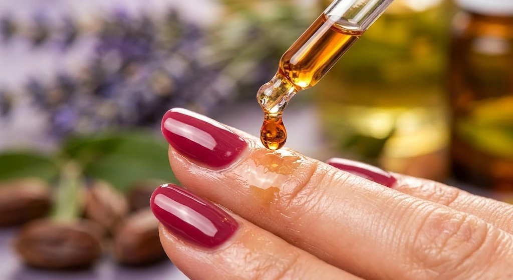 Applying hydrating oil to cuticles for essential acrylic nail care and natural nail health.