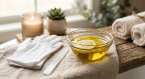 A DIY home nail spa setup with olive oil, lemon slices, white cotton gloves, and a glass nail file on a wooden tray.