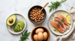 A flat-lay of nail-friendly foods including almonds, avocado, eggs, and salmon on a marble surface.
