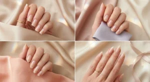 A montage showing four distinct nail shapes: Square, Round, Oval, and Almond, displayed against a soft silk fabric background.