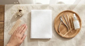 A top-down view of a dry manicure prep station showing how to file your nails correctly by starting with dry nails and professional tools.