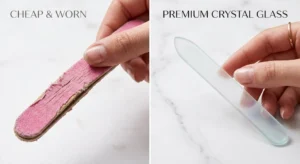 A split-screen comparison showing a worn-out pink emery board versus a sleek crystal glass file to illustrate how to file your nails correctly.