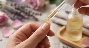 A close-up of a glass dropper applying golden oil to a clean, well-shaped fingernail with lavender and rose petals in the background.