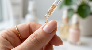 Applying a drop of cuticle oil to a polished nail as one of the essential gel nail care tips for hydration and shine.