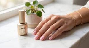 A woman's hand with a shiny pastel pink gel manicure resting on a marble surface to illustrate gel nail care tips.