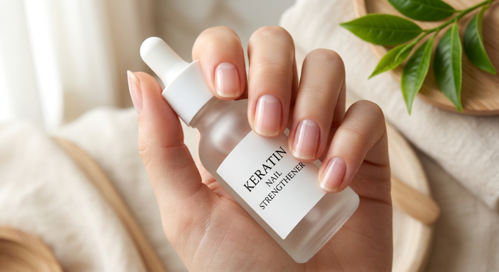 Healthy bare natural nails with a glossy finish being treated with a keratin nail strengthener to follow gel nail care tips for recovery.