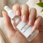 Healthy bare natural nails with a glossy finish being treated with a keratin nail strengthener to follow gel nail care tips for recovery.
